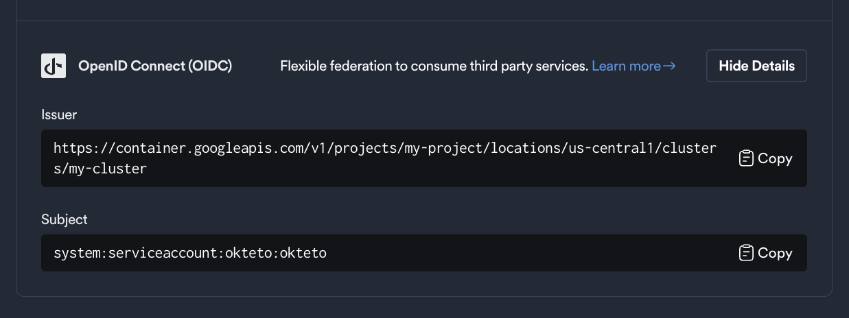 OIDC configuration in admin integrations view