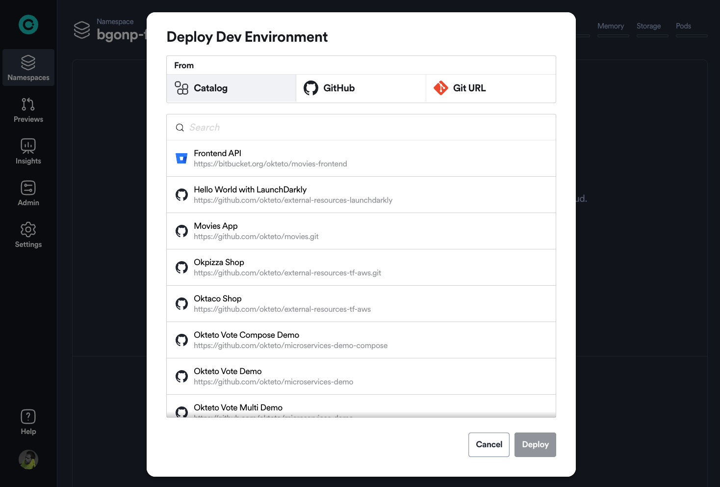 deploying an environment from the Okteto catalog