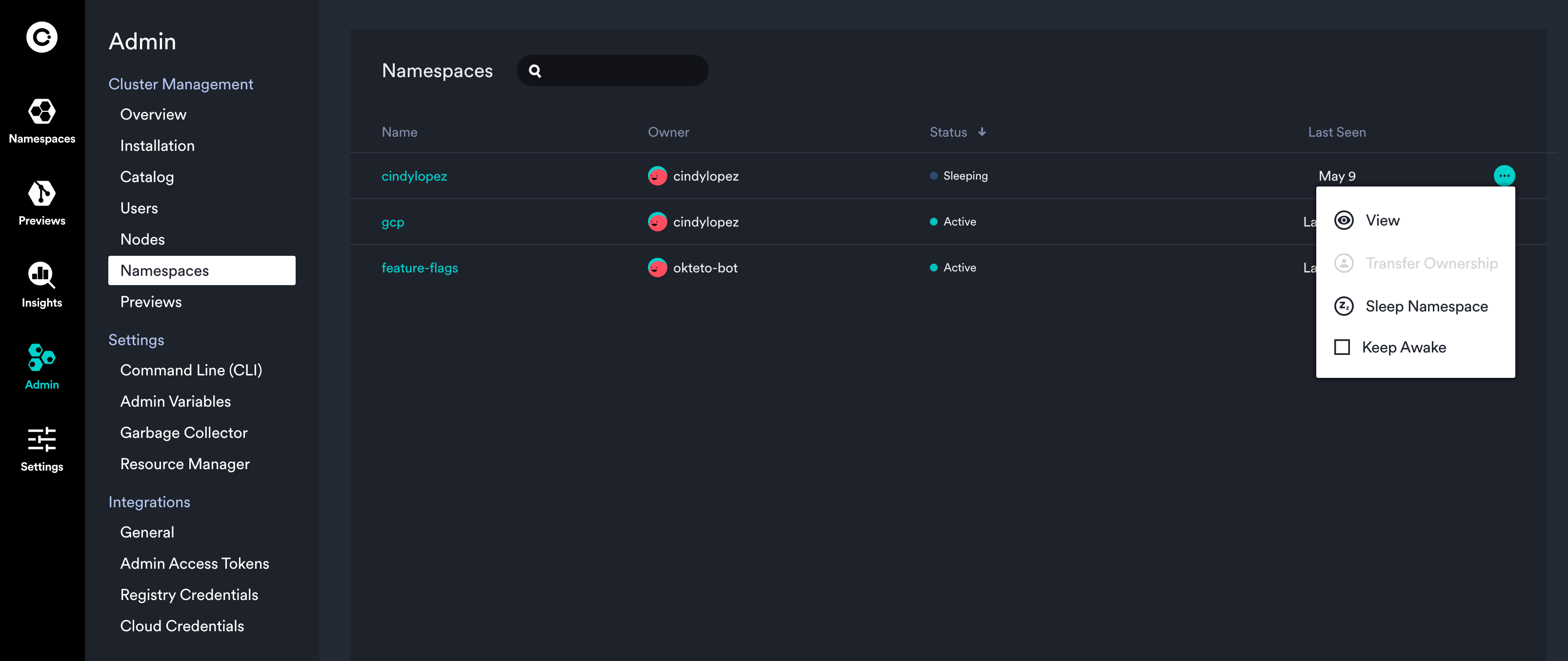 sleep option in the namespace actions dropdown menu
